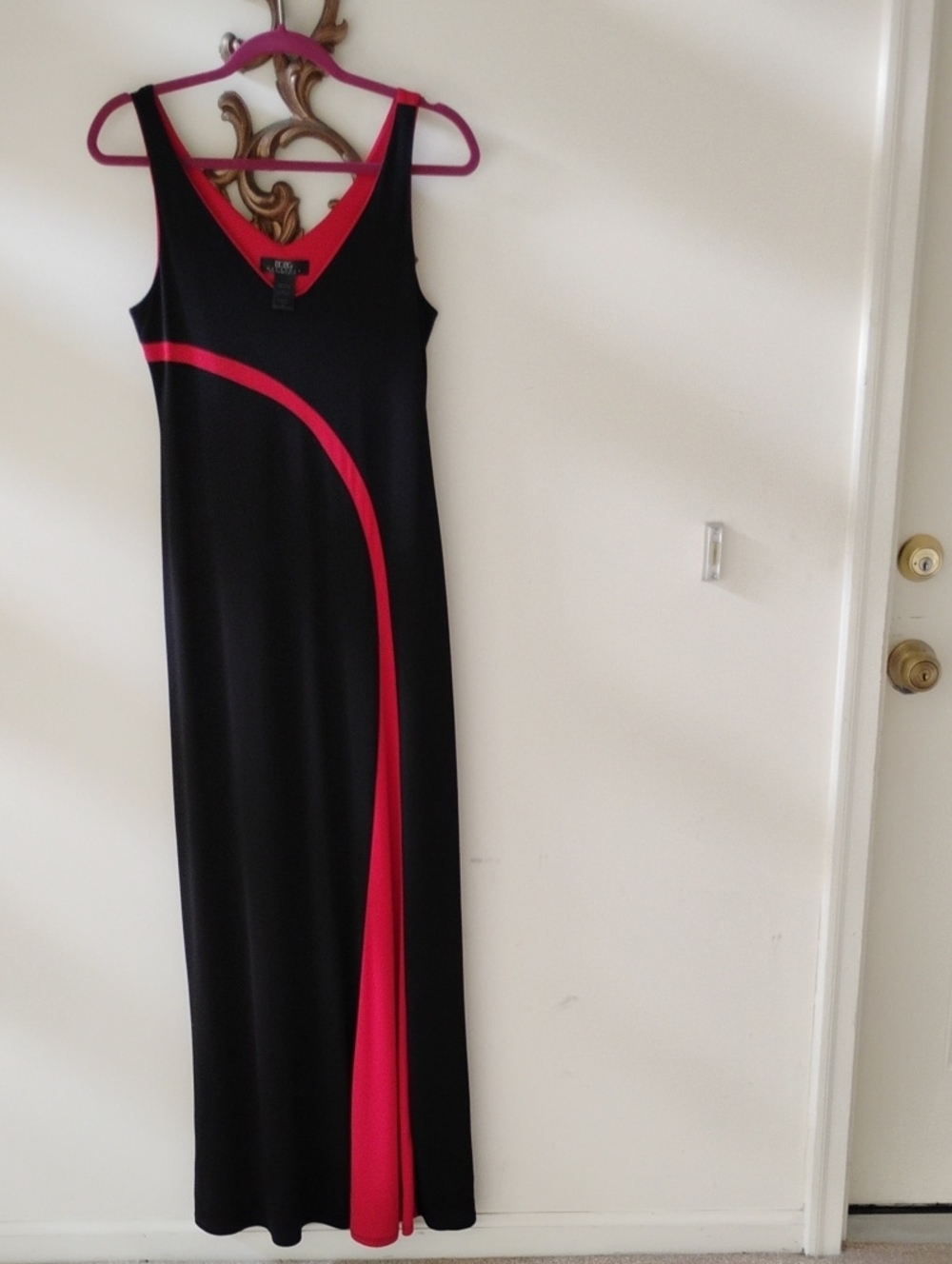 BCBGMaxAzria Black Maxi Dress with Pinkish Red Curved Panel